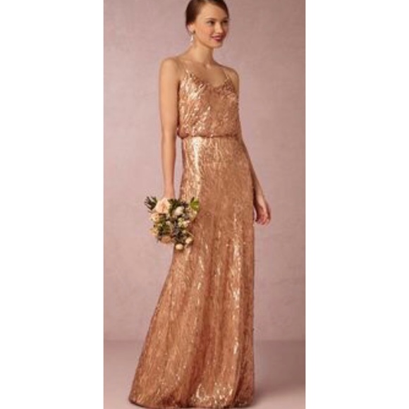 SALE New Donna Morgan x BHLDN Alana 0, 4 & 10 Gold Sequin Maxi Gown - Picture 7 of 11